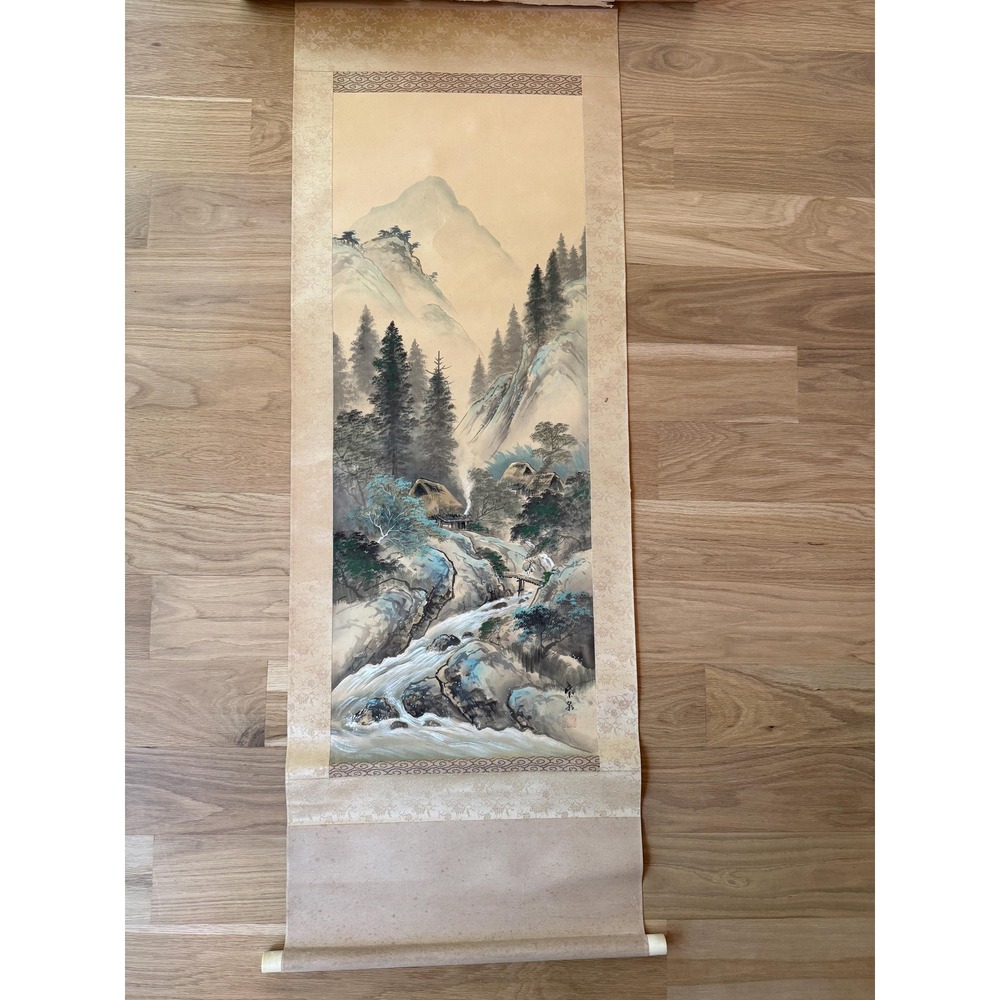 VTG Japanese Scroll Ink Art Mountain Landscape Silk Kakejiku Signed Seal Showa